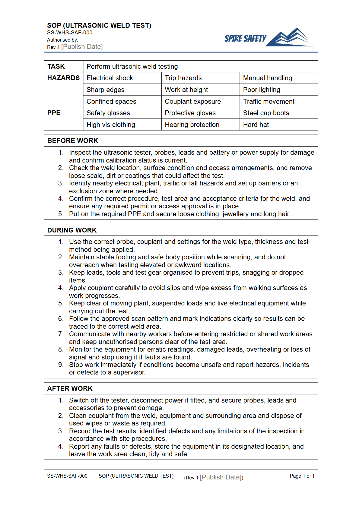 Free Safe Operating Procedure (Ultrasonic Weld Test) Template — document preview