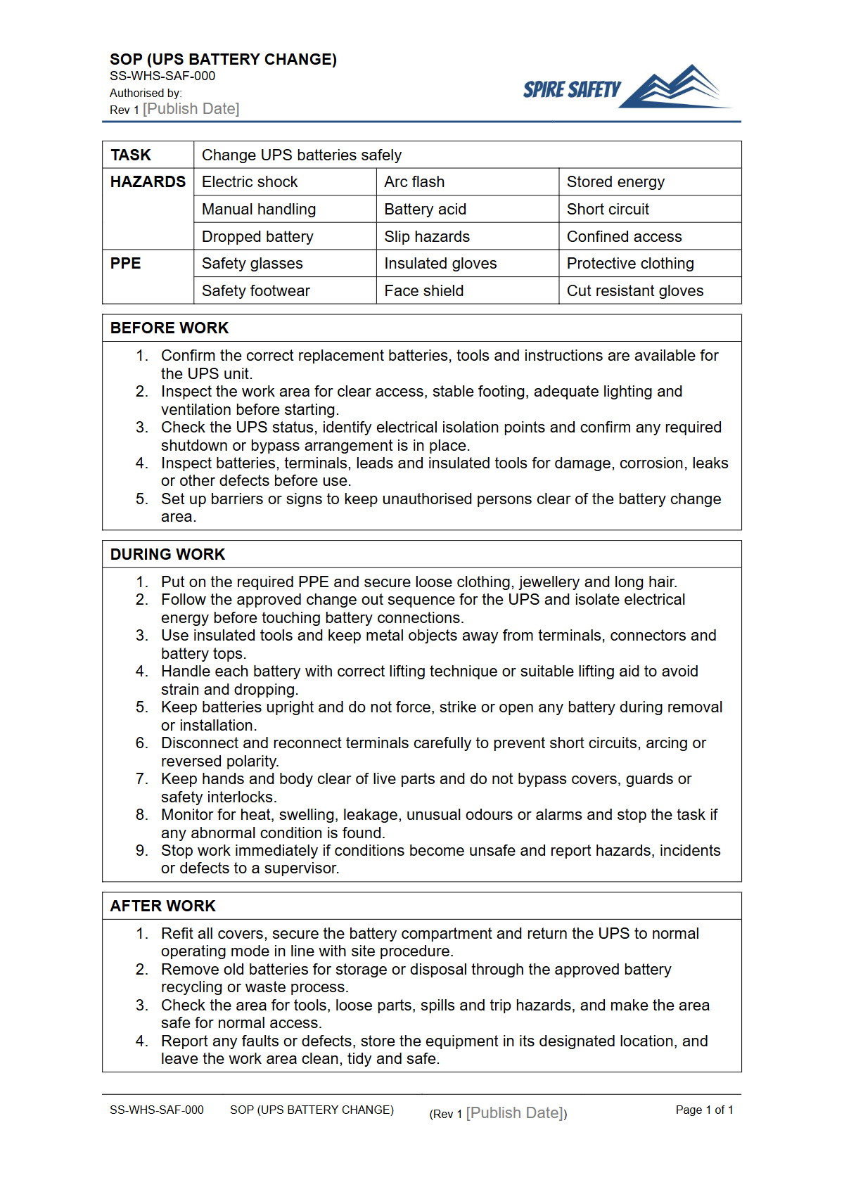 Free Safe Operating Procedure (UPS Battery Change) Template — document preview