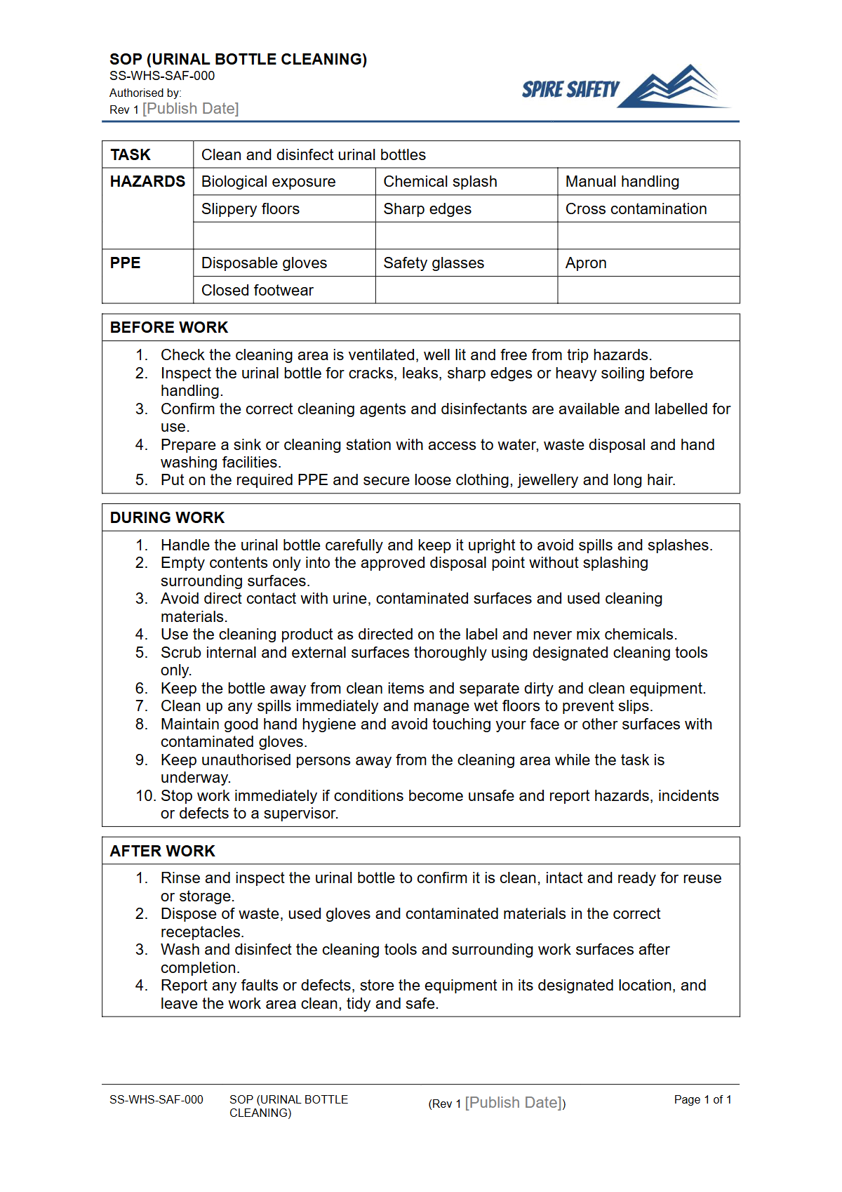Free Safe Operating Procedure (Urinal Bottle Cleaning) Template — document preview