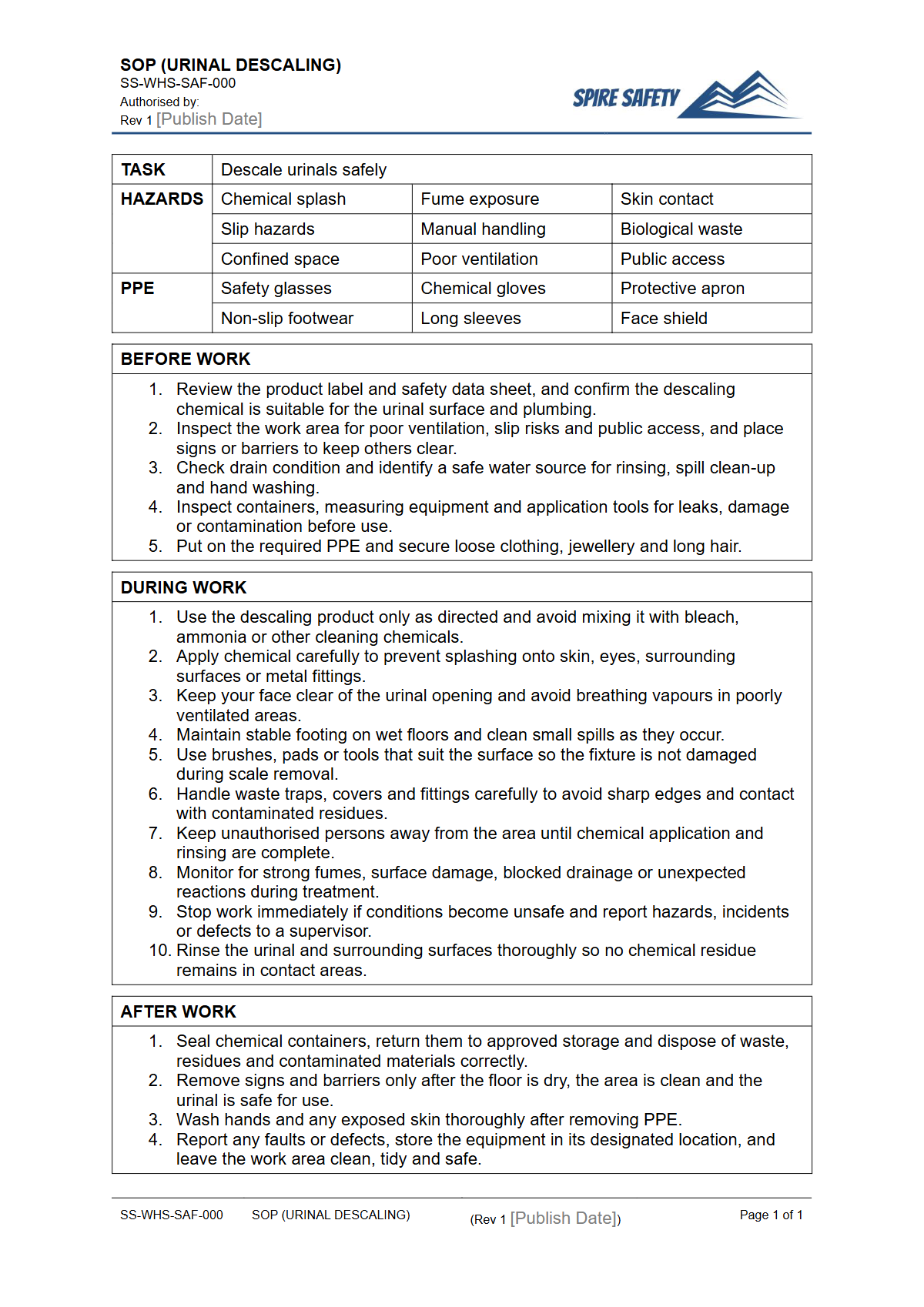 Free Safe Operating Procedure (Urinal Descaling) Template — document preview