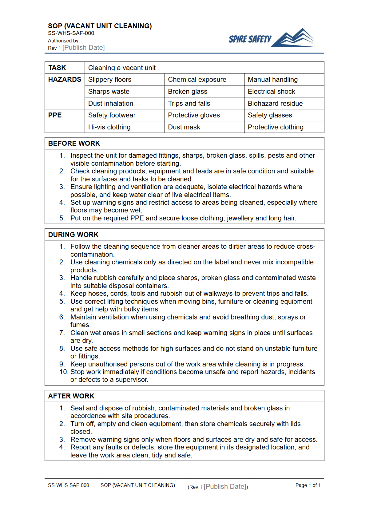 Free Safe Operating Procedure (Vacant Unit Cleaning) Template — document preview