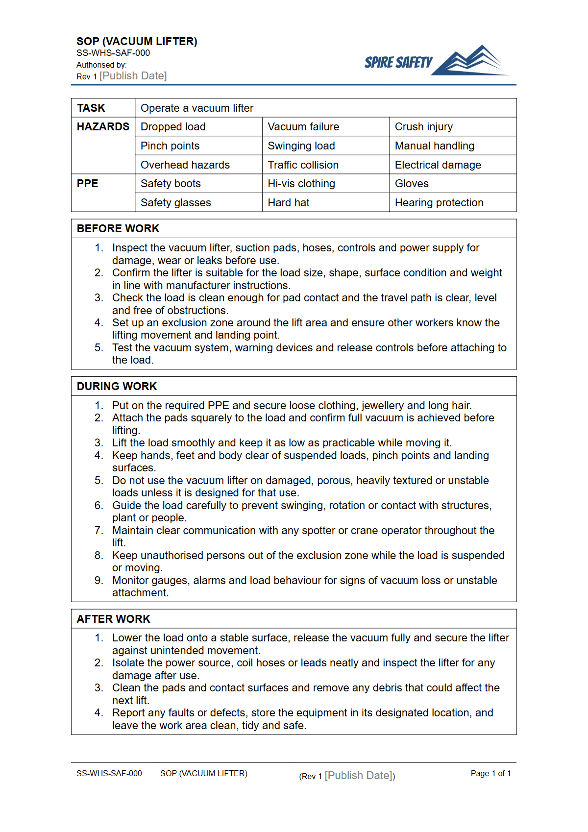 Free Safe Operating Procedure (Vacuum Lifter) Template — document preview