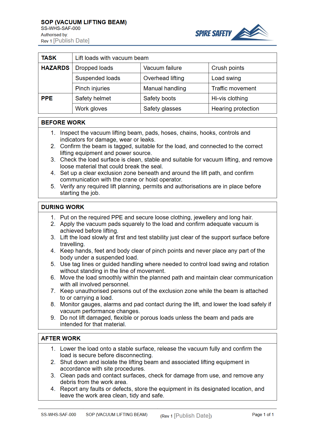 Free Safe Operating Procedure (Vacuum Lifting Beam) Template — document preview