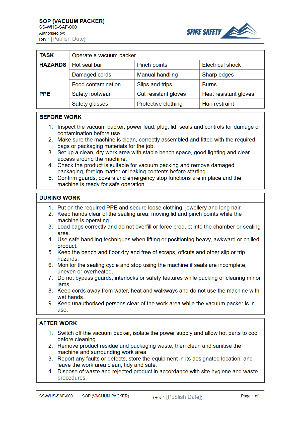Free Safe Operating Procedure (Vacuum Packer) Template — document preview