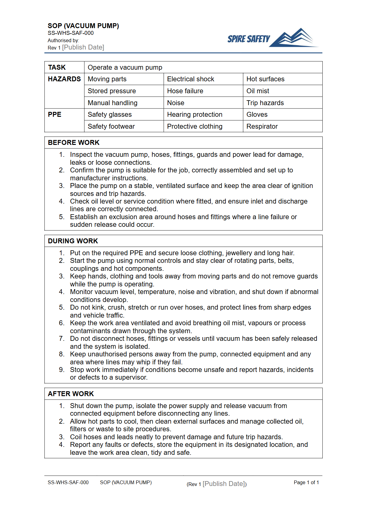 Free Safe Operating Procedure (Vacuum Pump) Template — document preview