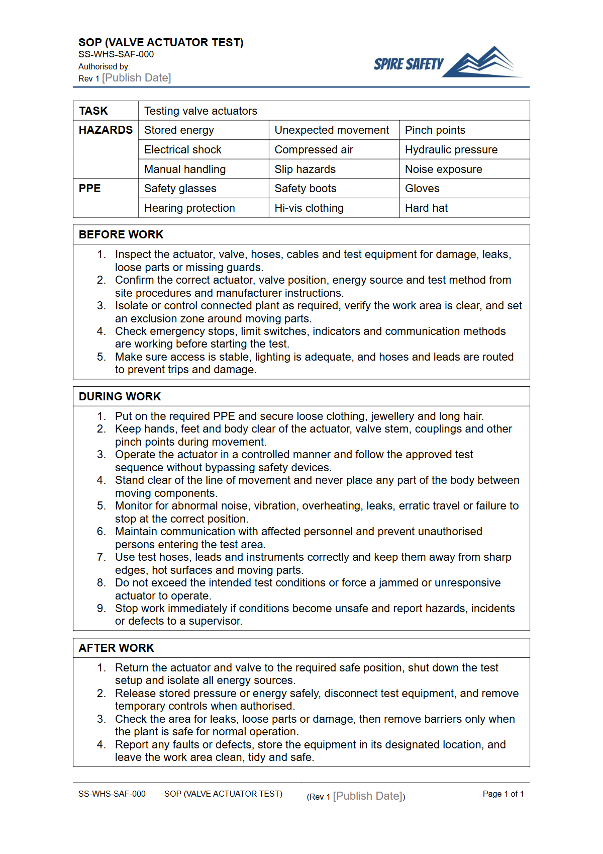 Free Safe Operating Procedure (Valve Actuator Test) Template — document preview