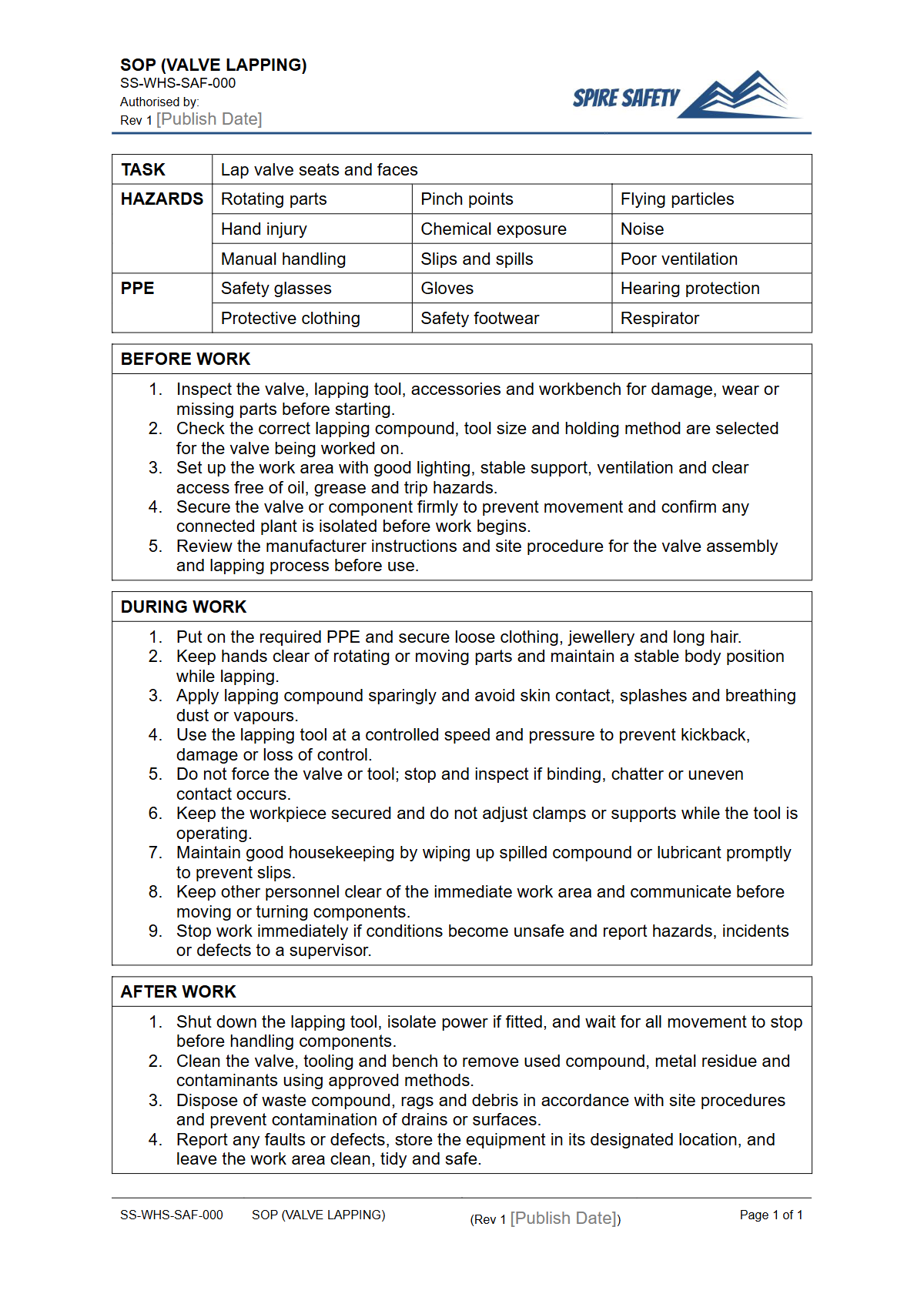 Free Safe Operating Procedure (Valve Lapping) Template — document preview