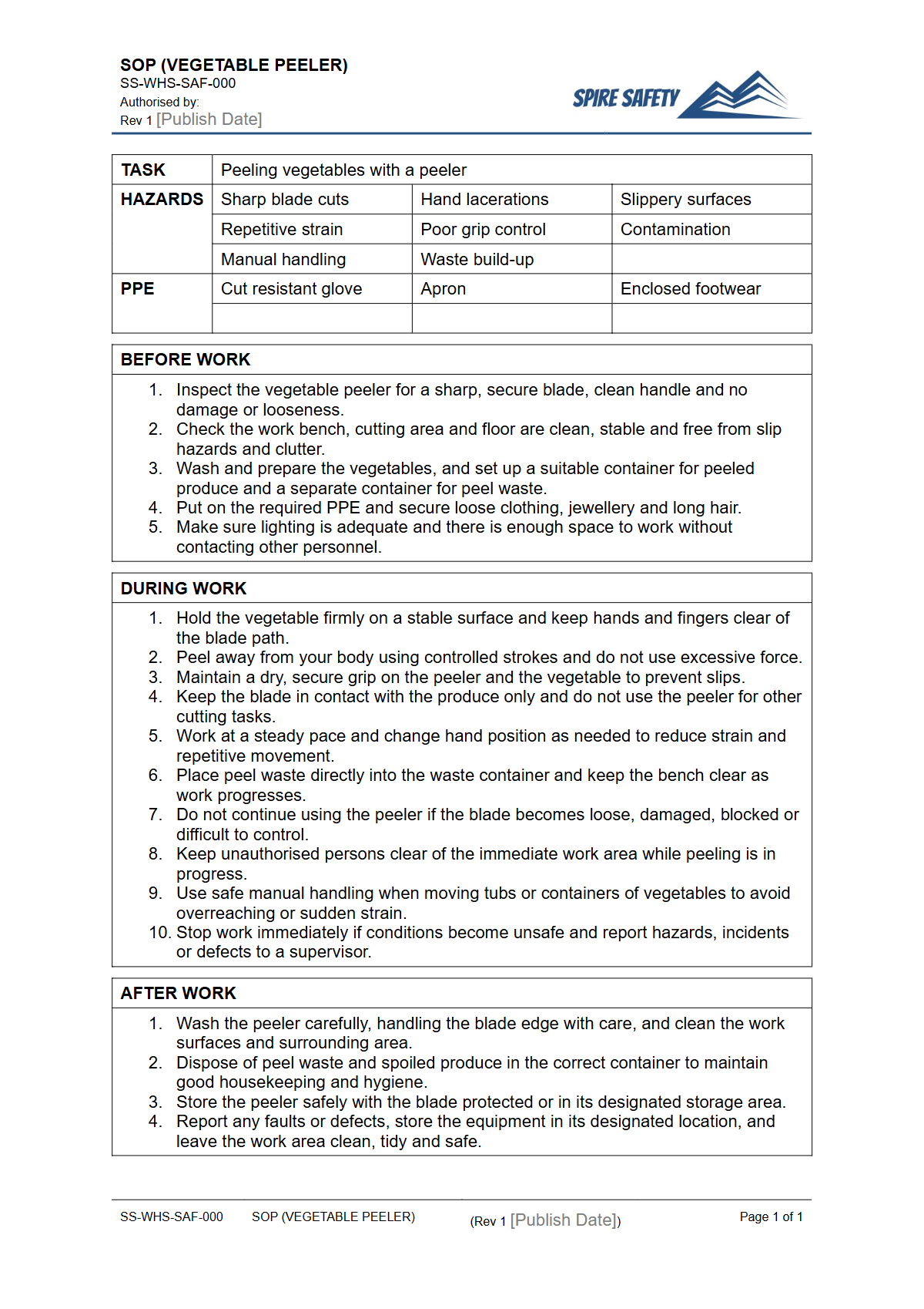 Free Safe Operating Procedure (Vegetable Peeler) Template — document preview