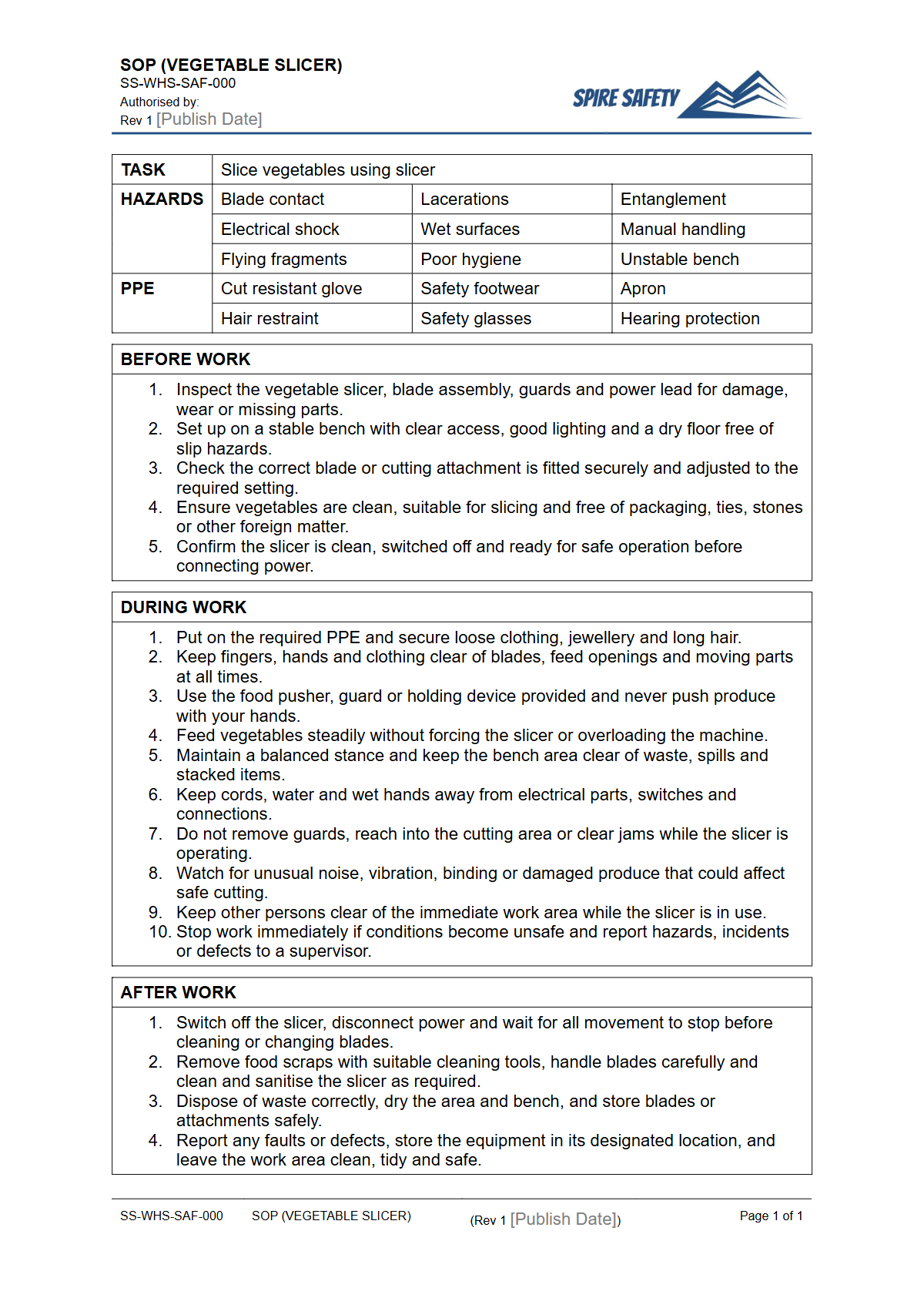 Free Safe Operating Procedure (Vegetable Slicer) Template — document preview
