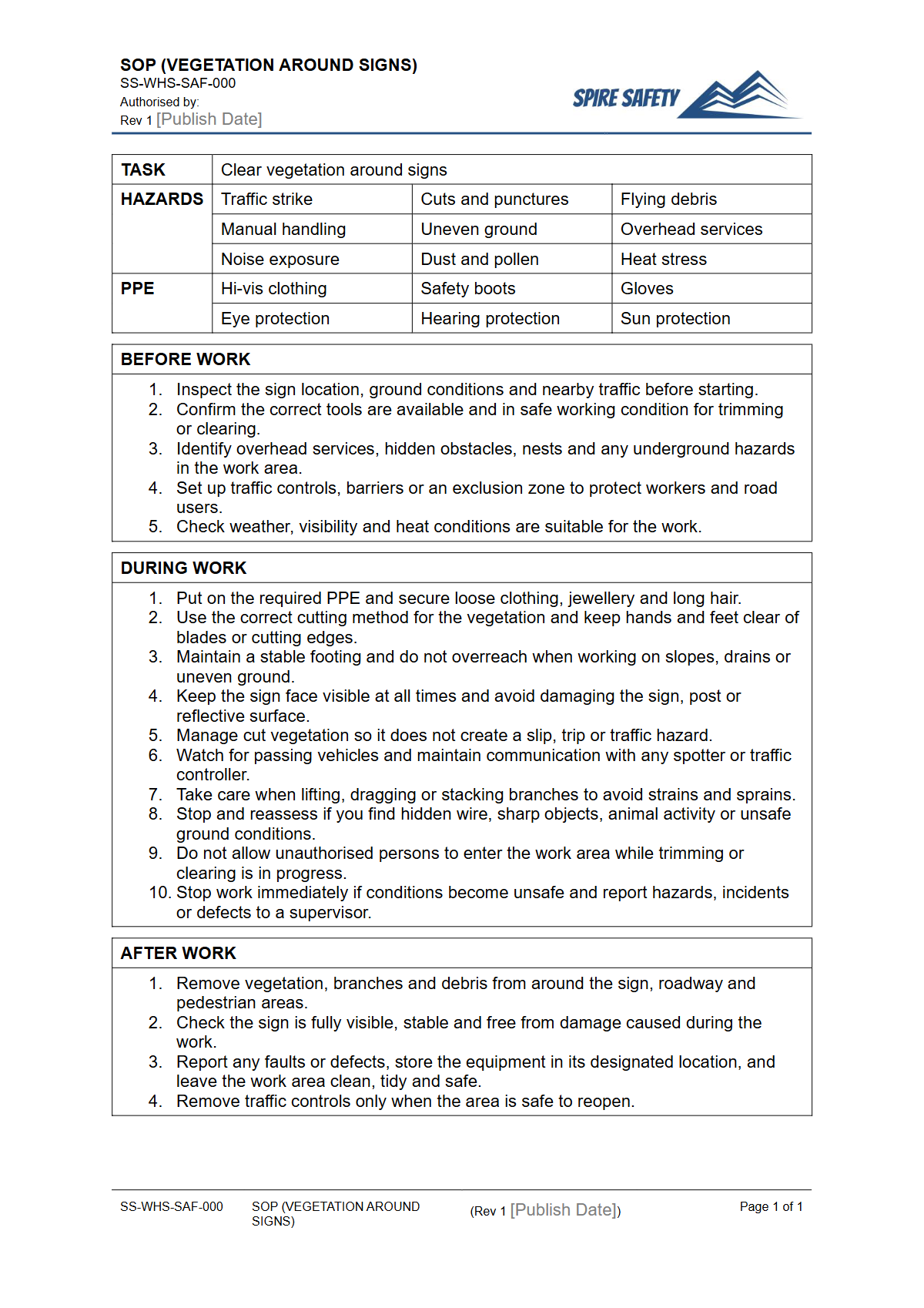 Free Safe Operating Procedure (Vegetation Around Signs) Template — document preview