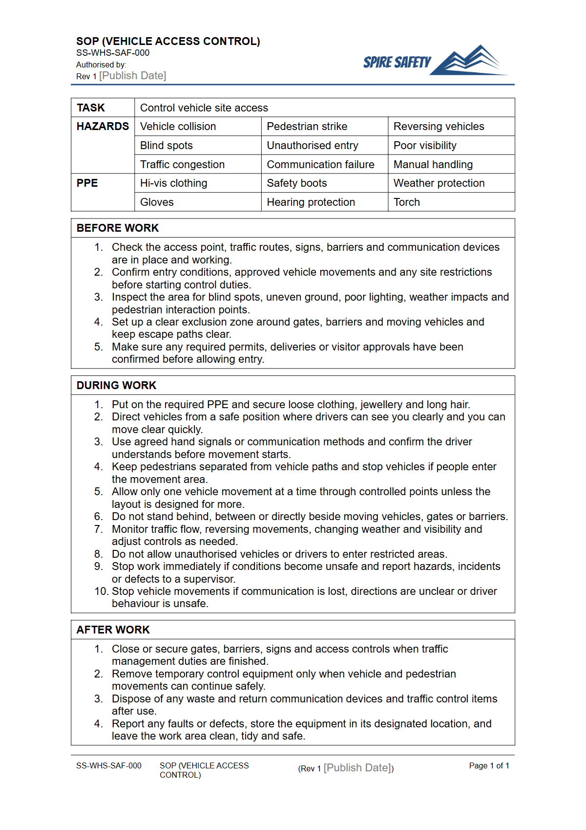 Free Safe Operating Procedure (Vehicle Access Control) Template — document preview