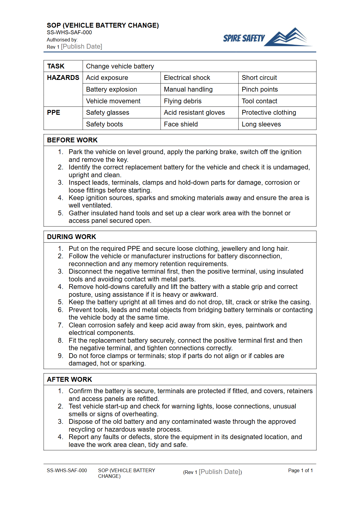 Free Safe Operating Procedure (Vehicle Battery Change) Template — document preview