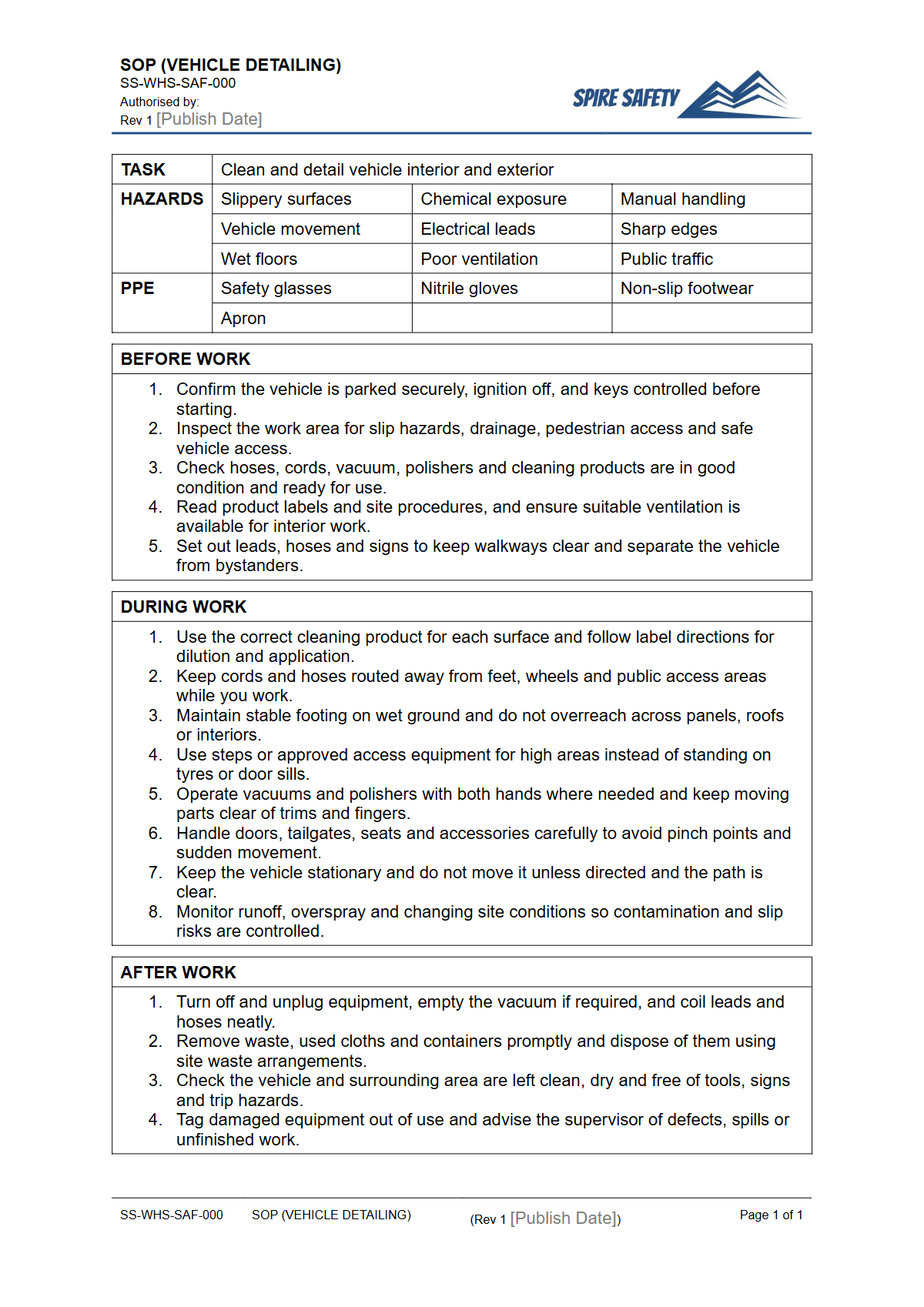 Free Safe Operating Procedure (Vehicle Detailing) Template — document preview