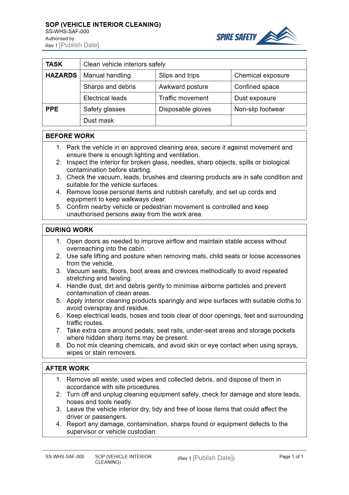 Free Safe Operating Procedure (Vehicle Interior Cleaning) Template — document preview