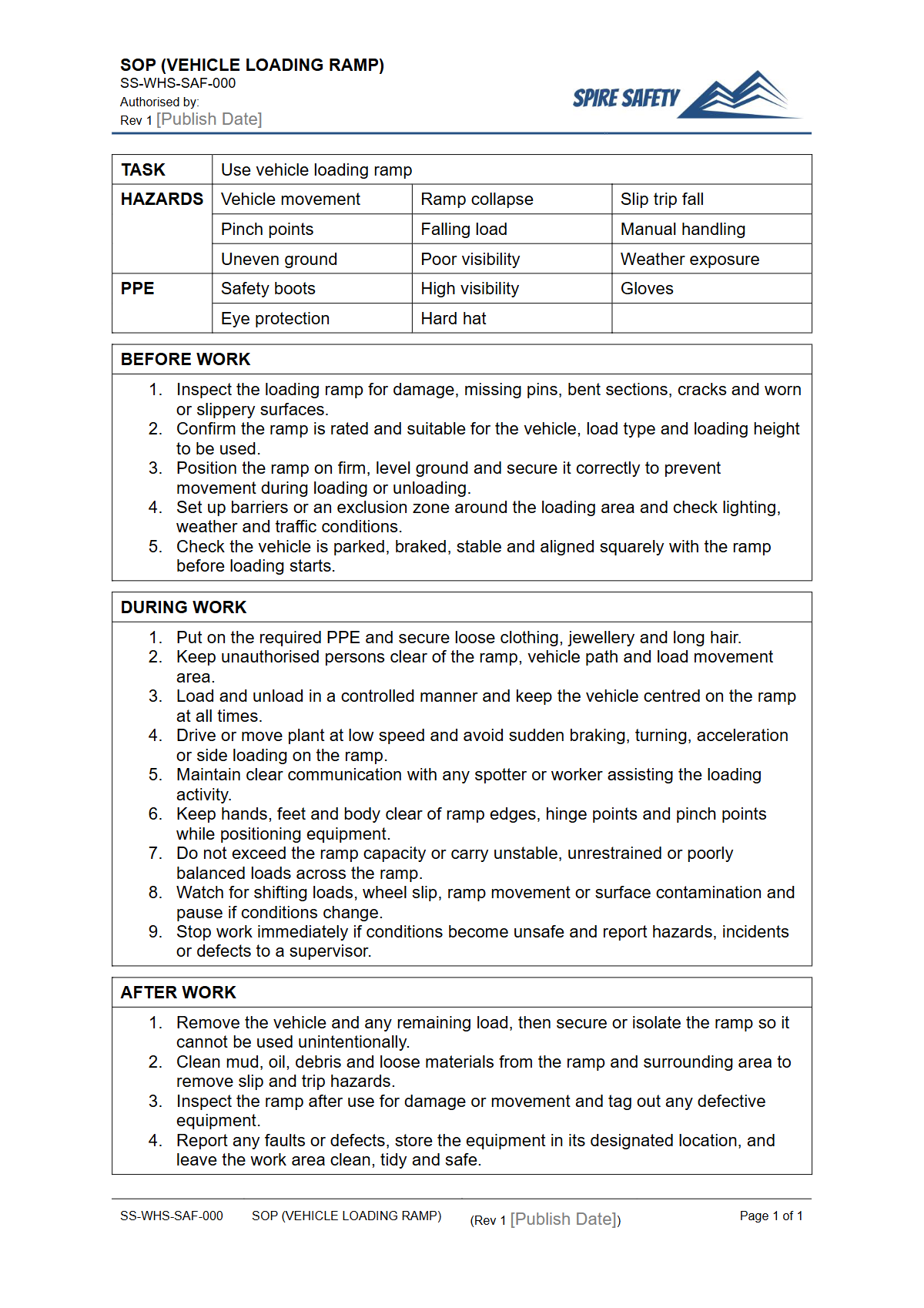 Free Safe Operating Procedure (Vehicle Loading Ramp) Template — document preview