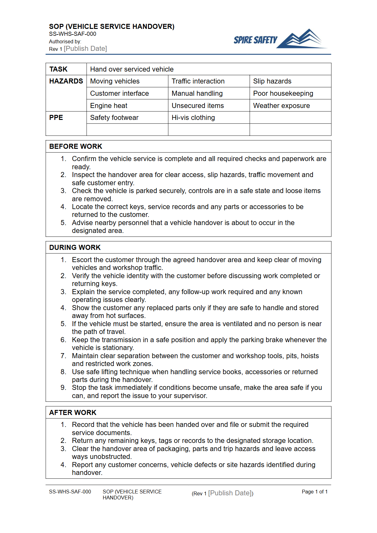 Free Safe Operating Procedure (Vehicle Service Handover) Template — document preview
