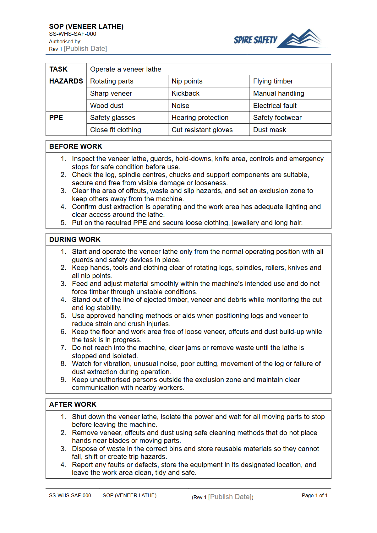 Free Safe Operating Procedure (Veneer Lathe) Template — document preview