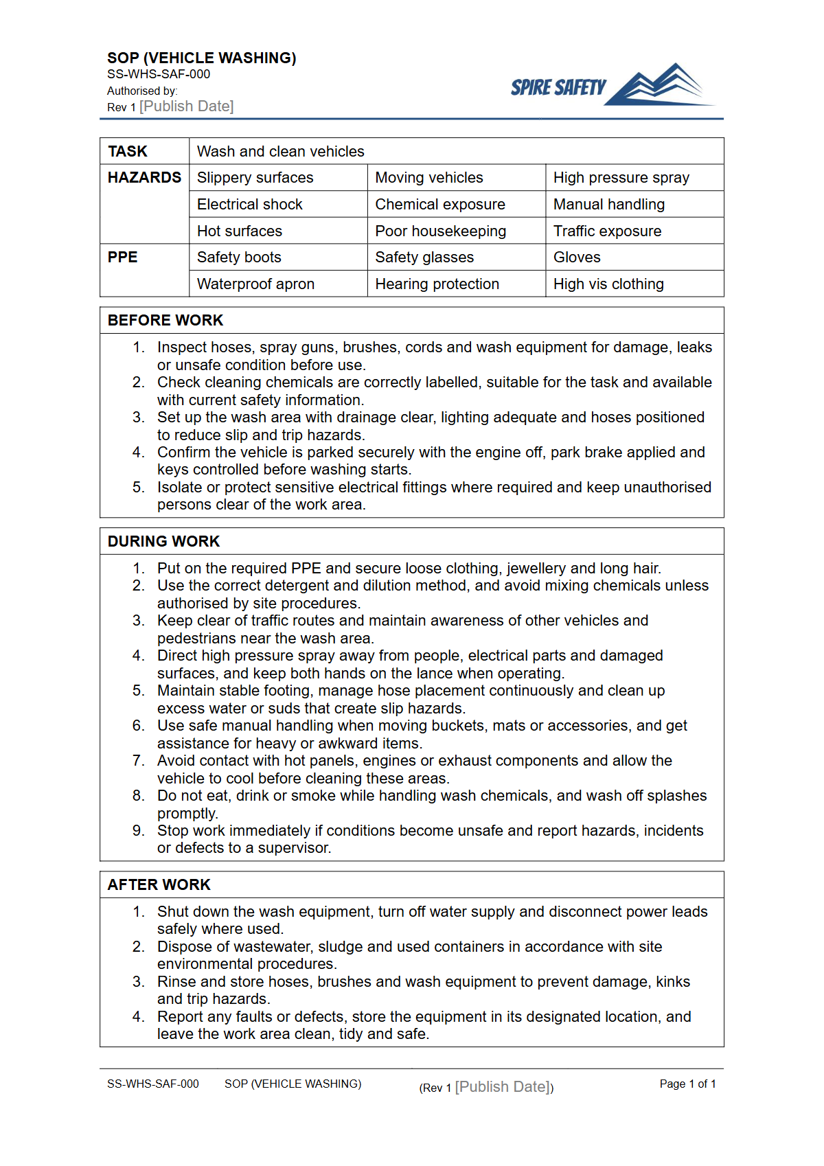 Free Safe Operating Procedure (Vehicle Washing) Template — document preview