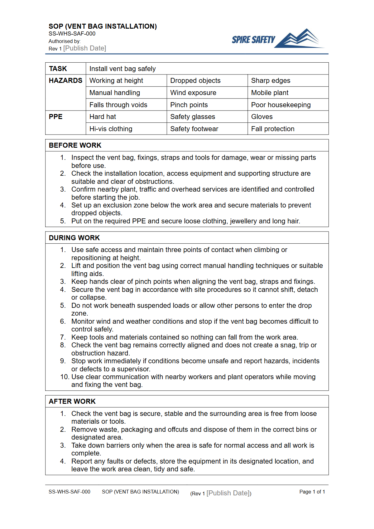 Free Safe Operating Procedure (Vent Bag Installation) Template — document preview