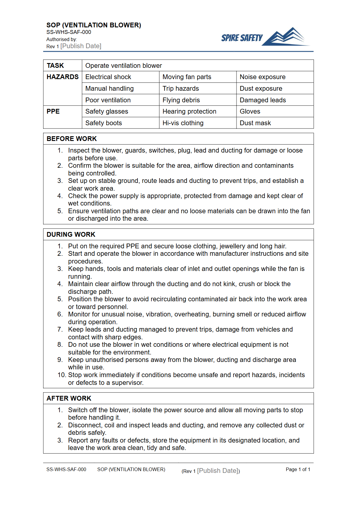 Free Safe Operating Procedure (Ventilation Blower) Template — document preview