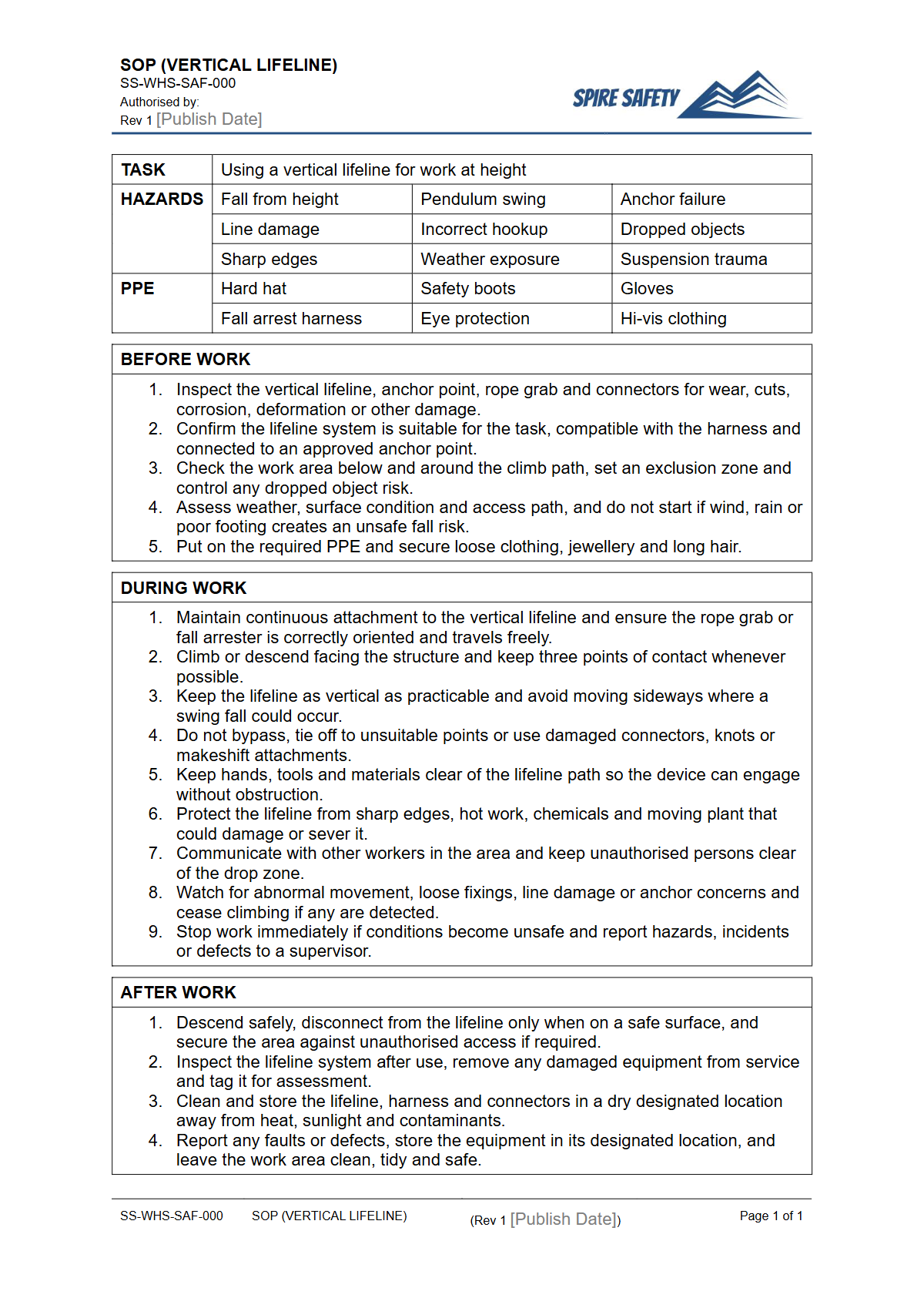 Free Safe Operating Procedure (Vertical Lifeline) Template — document preview