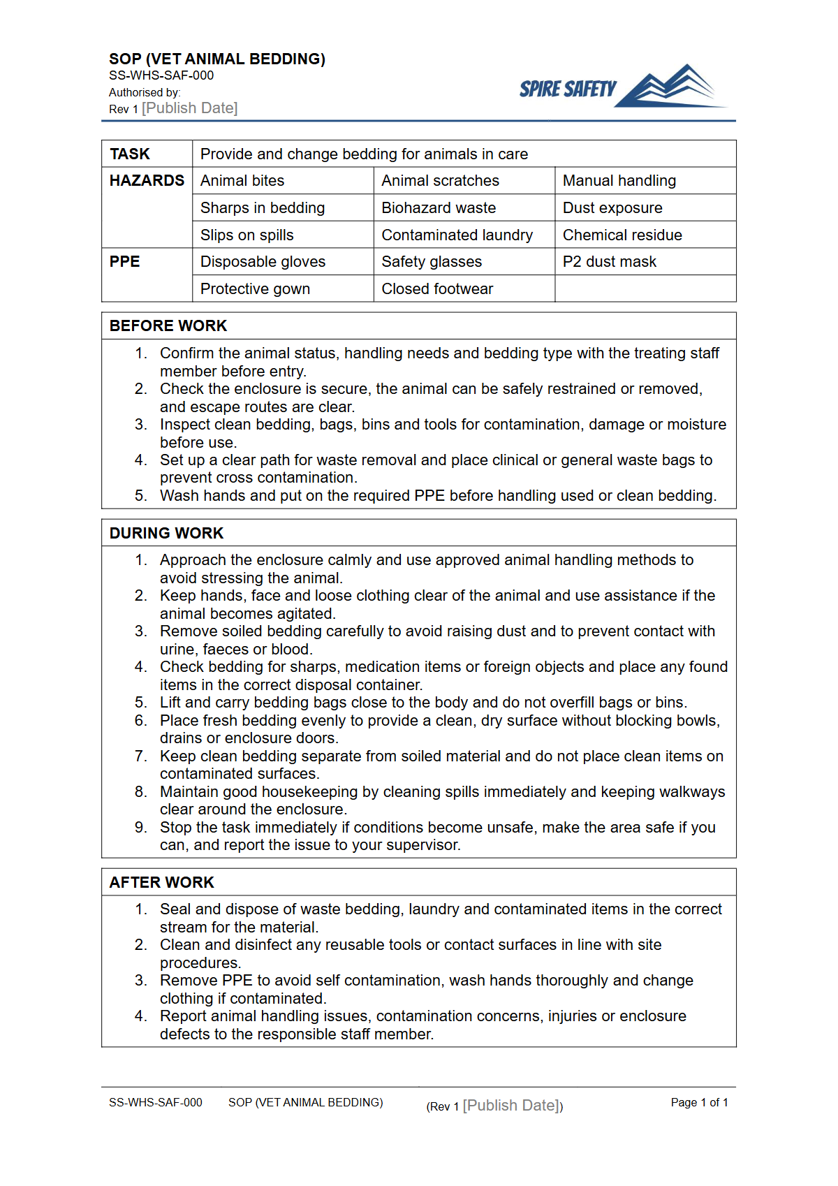 Free Safe Operating Procedure (Vet Animal Bedding) Template — document preview