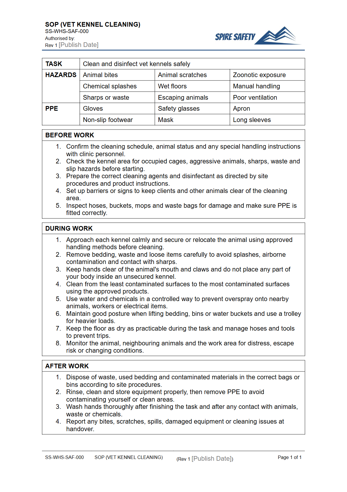 Free Safe Operating Procedure (Vet Kennel Cleaning) Template — document preview