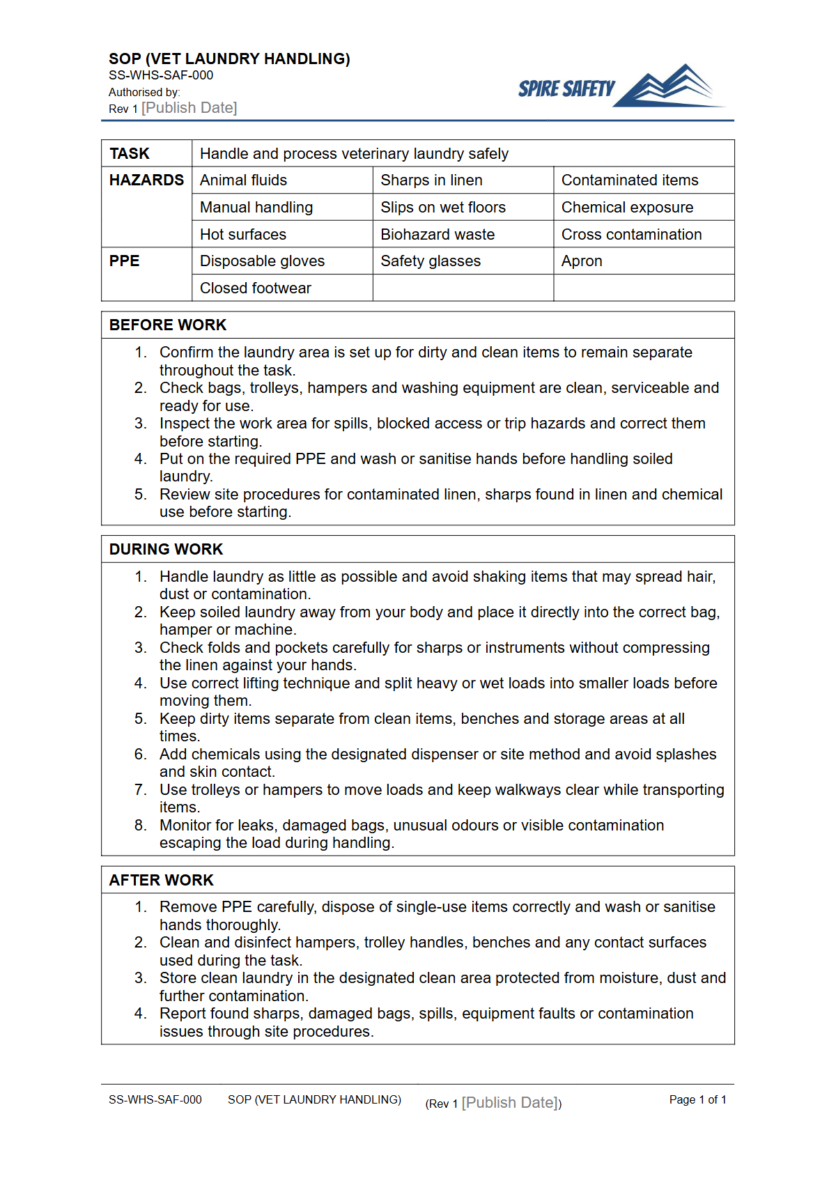 Free Safe Operating Procedure (Vet Laundry Handling) Template — document preview