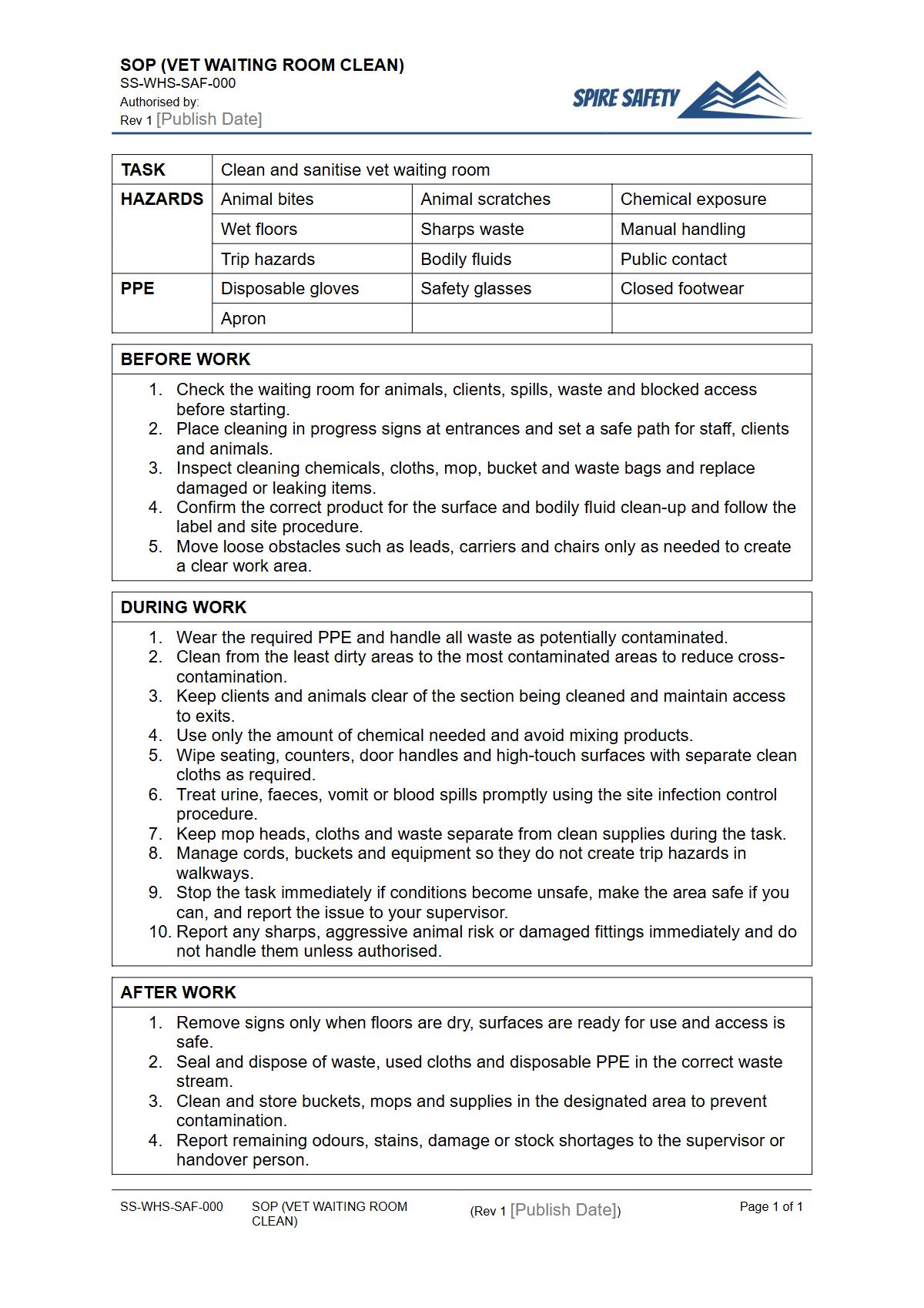 Free Safe Operating Procedure (Vet Waiting Room Clean) Template — document preview
