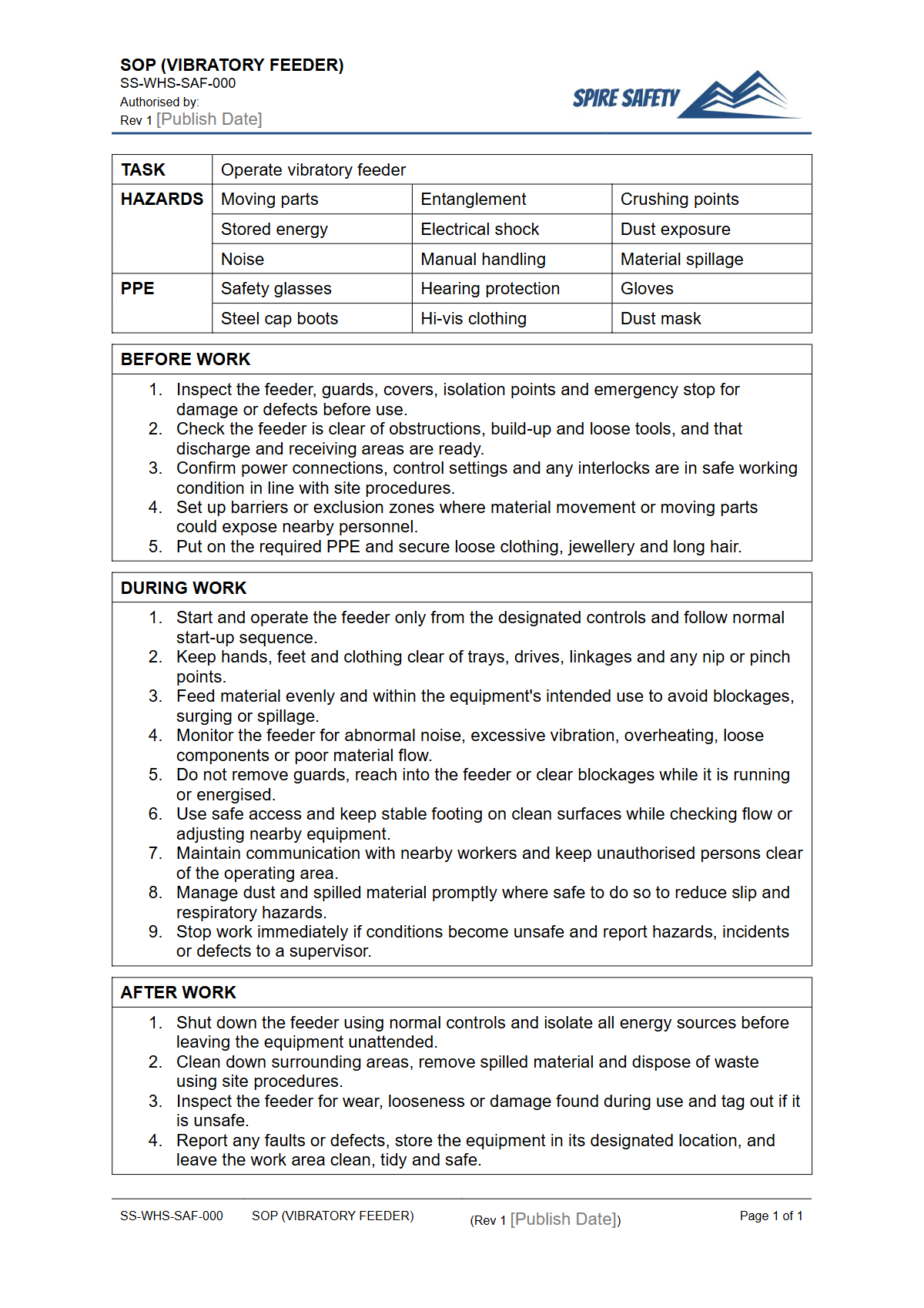 Free Safe Operating Procedure (Vibratory Feeder) Template — document preview