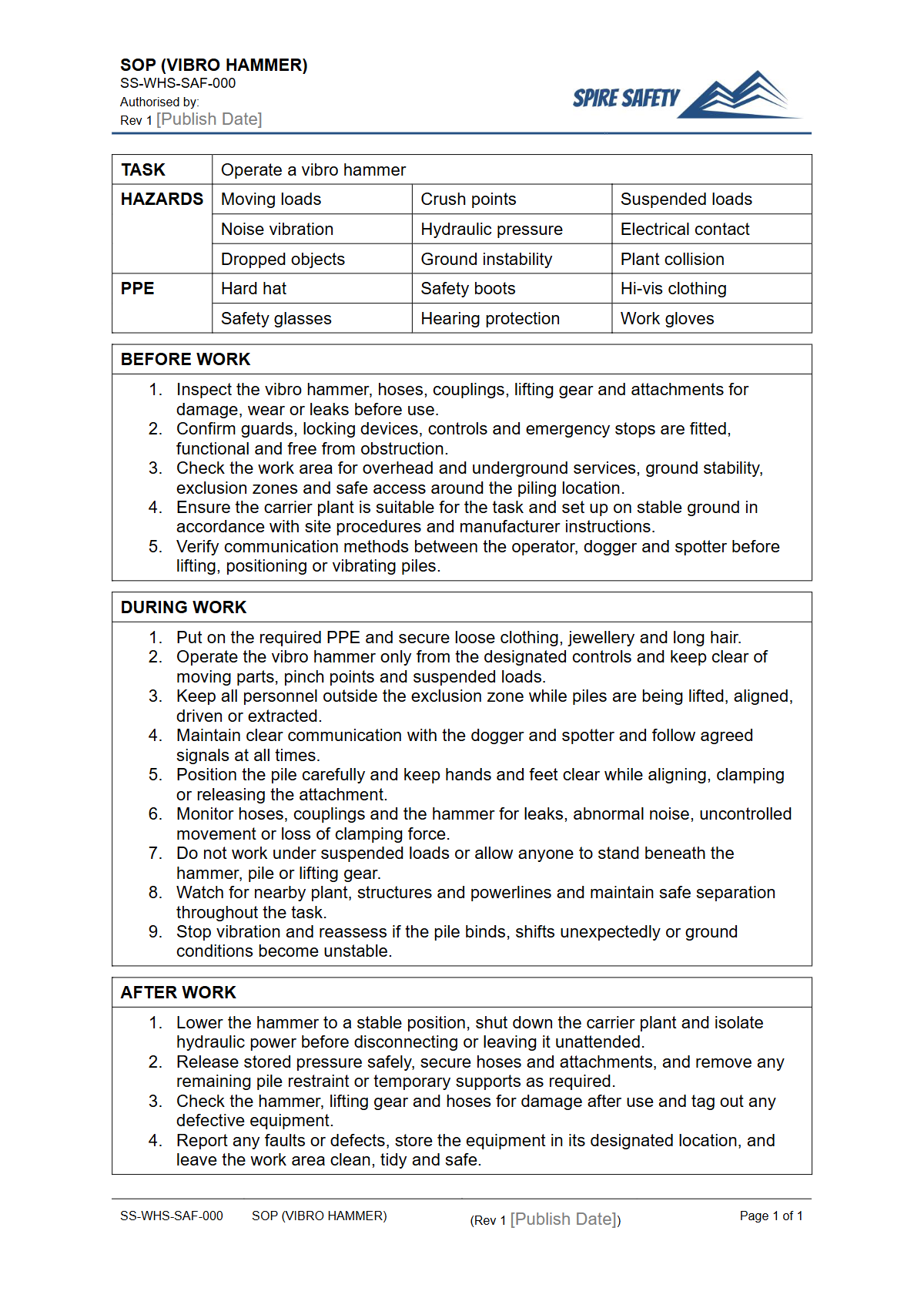 Free Safe Operating Procedure (Vibro Hammer) Template — document preview