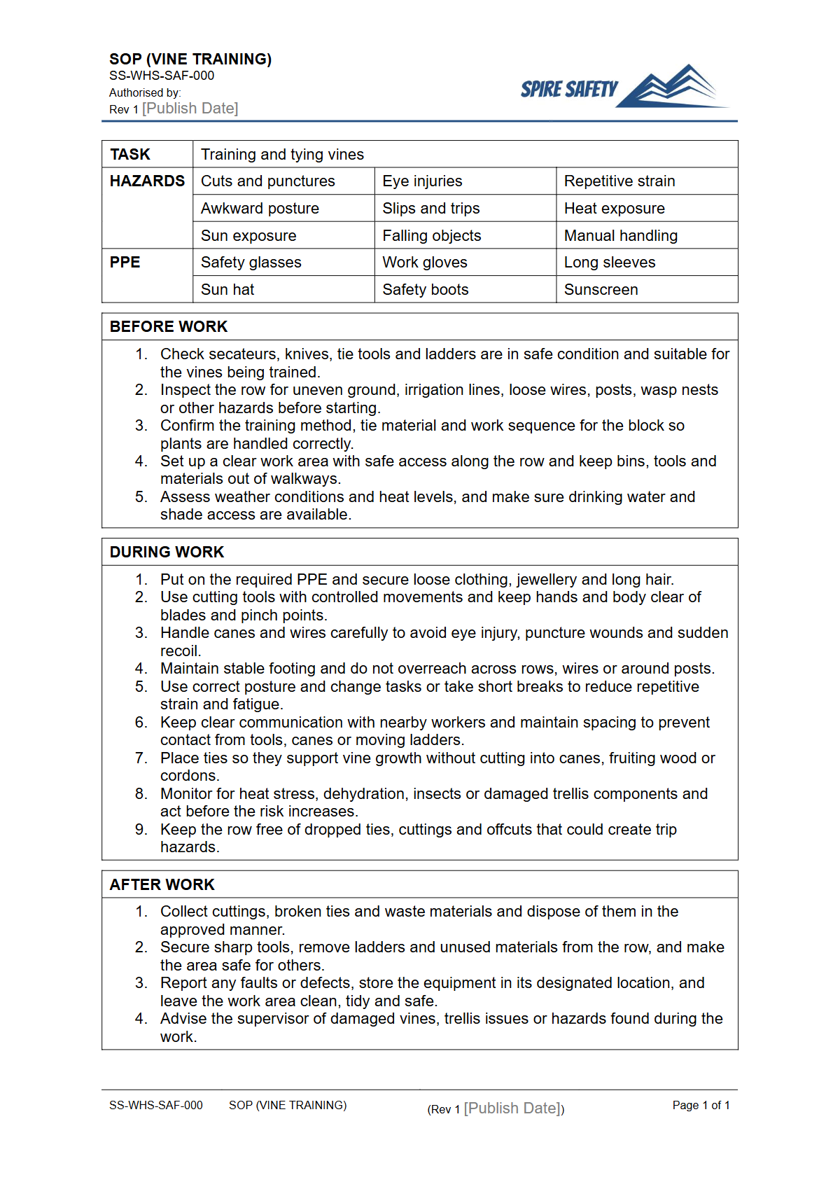 Free Safe Operating Procedure (Vine Training) Template — document preview