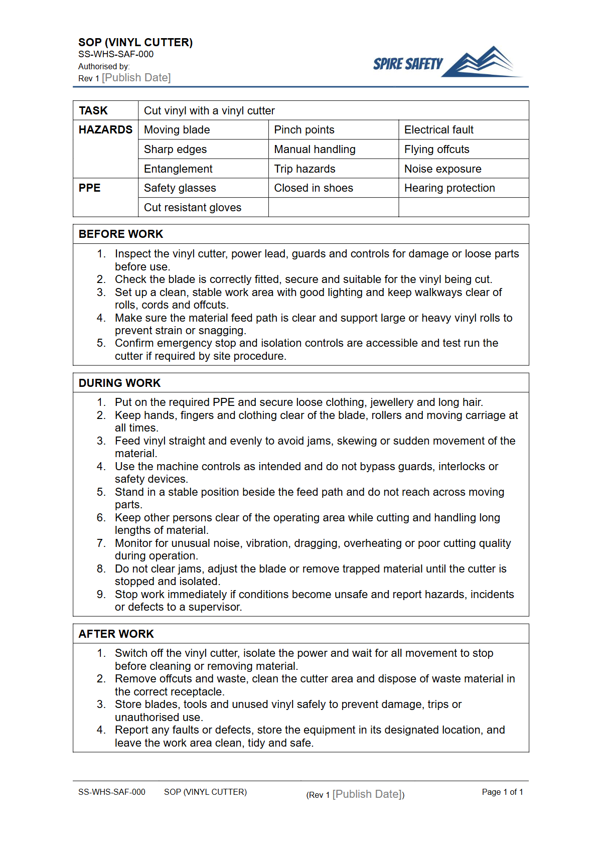 Free Safe Operating Procedure (Vinyl Cutter) Template — document preview