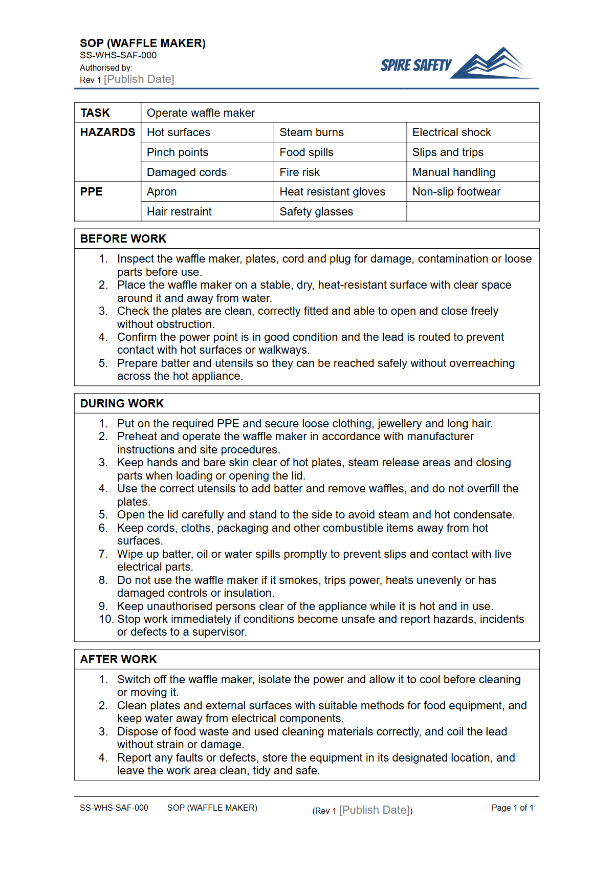 Free Safe Operating Procedure (Waffle Maker) Template — document preview
