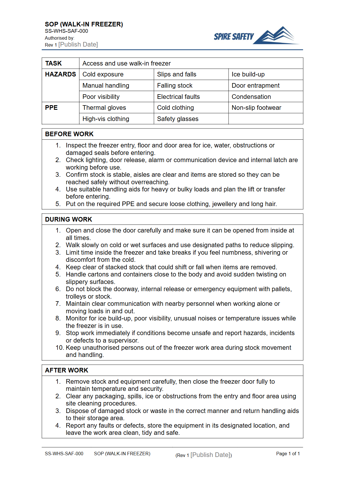 Free Safe Operating Procedure (Walk-In Freezer) Template — document preview