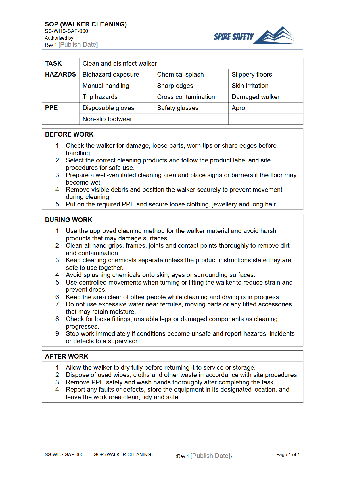 Free Safe Operating Procedure (Walker Cleaning) Template — document preview