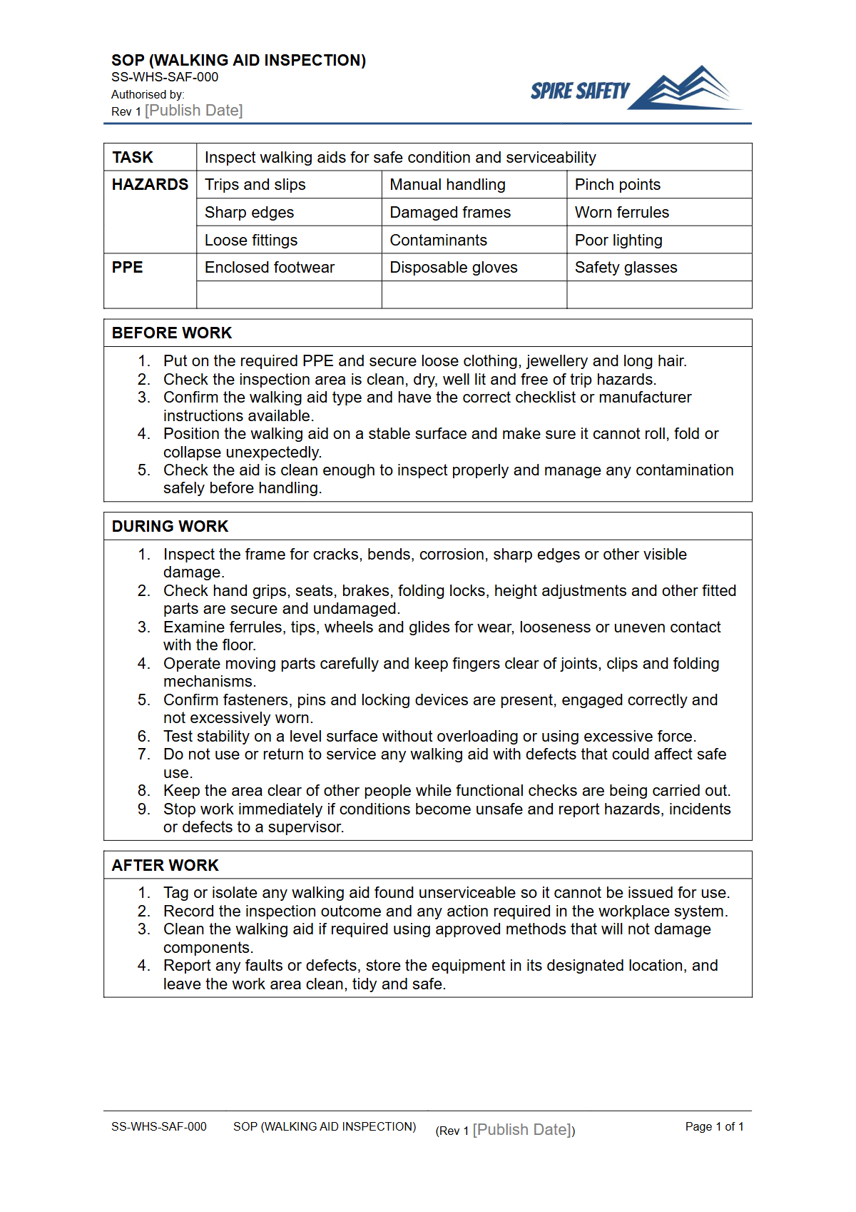 Free Safe Operating Procedure (Walking Aid Inspection) Template — document preview