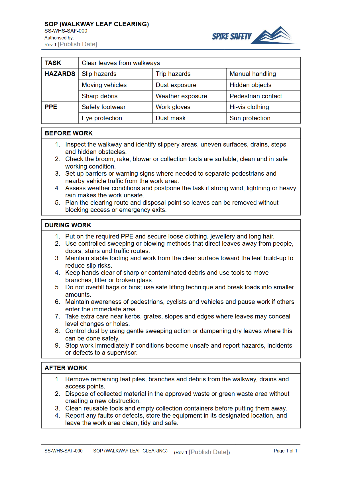 Free Safe Operating Procedure (Walkway Leaf Clearing) Template — document preview