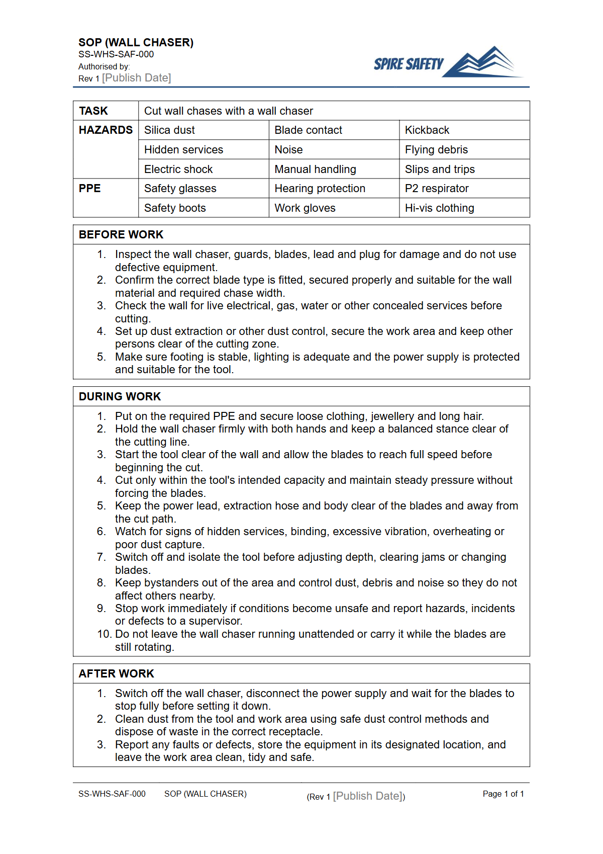 Free Safe Operating Procedure (Wall Chaser) Template — document preview