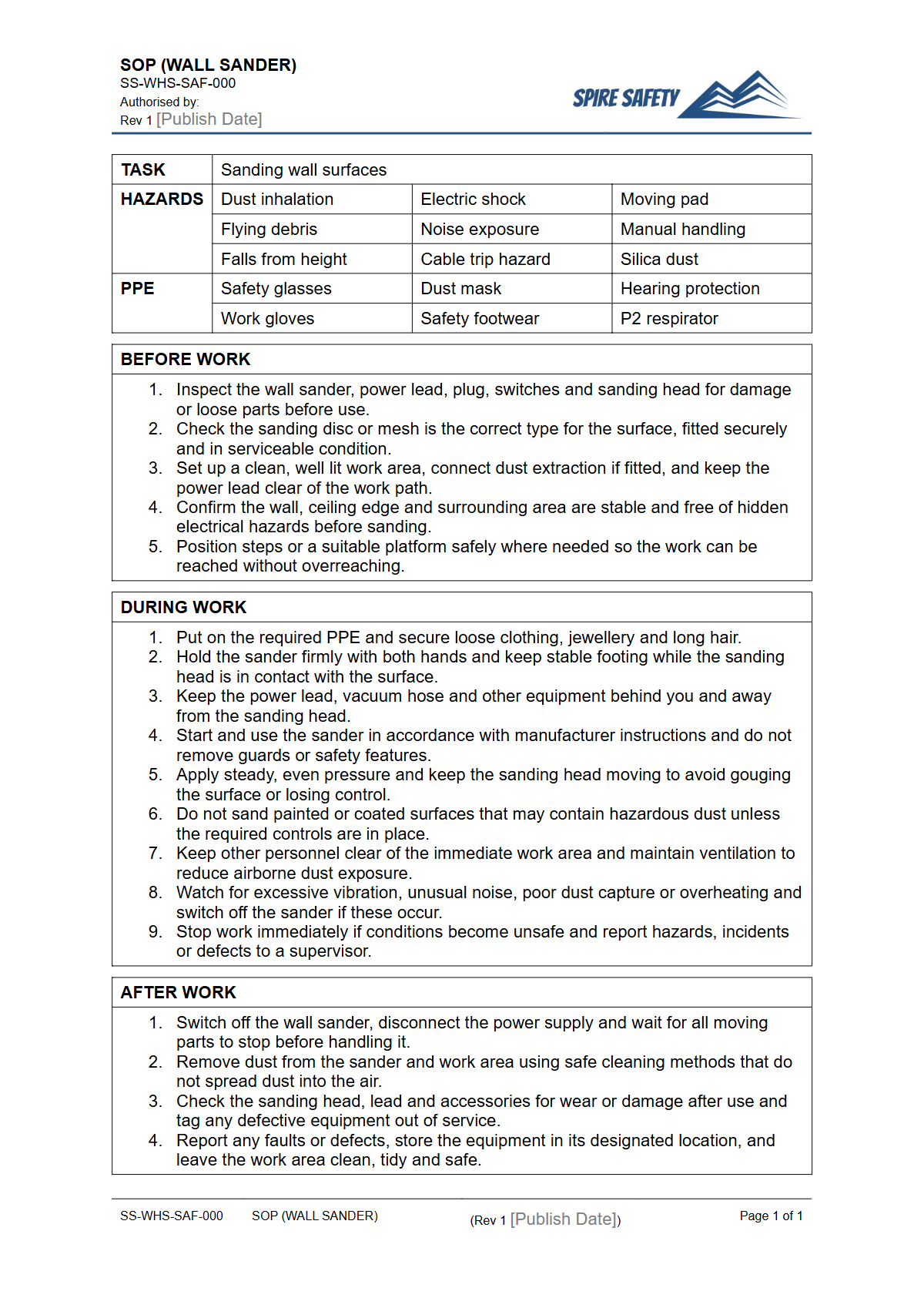 Free Safe Operating Procedure (Wall Sander) Template — document preview