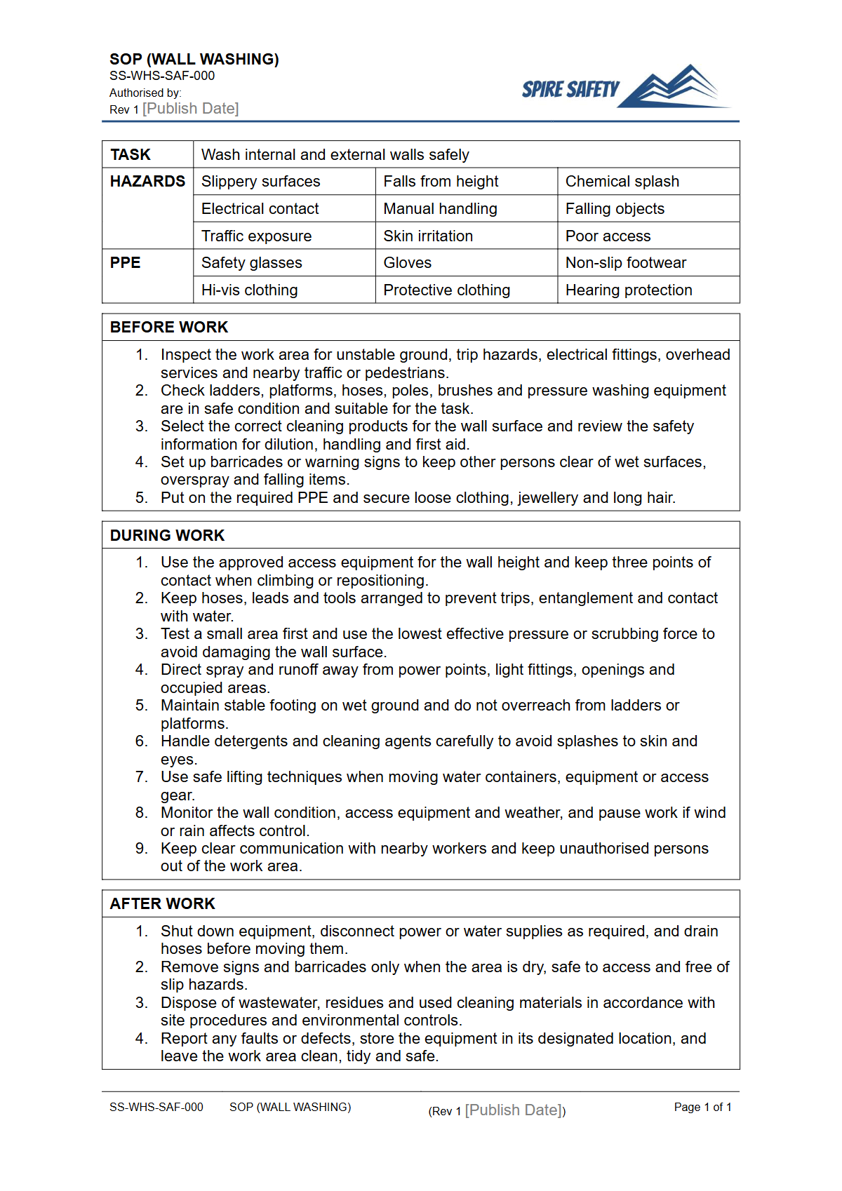 Free Safe Operating Procedure (Wall Washing) Template — document preview