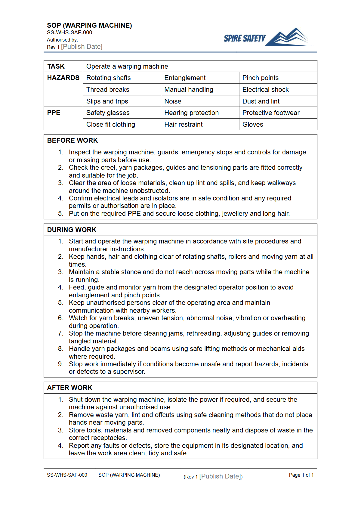 Free Safe Operating Procedure (Warping Machine) Template — document preview