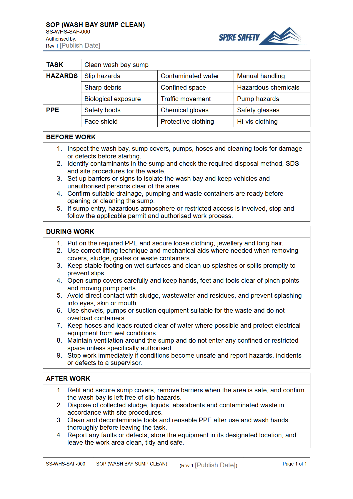 Free Safe Operating Procedure (Wash Bay Sump Clean) Template — document preview