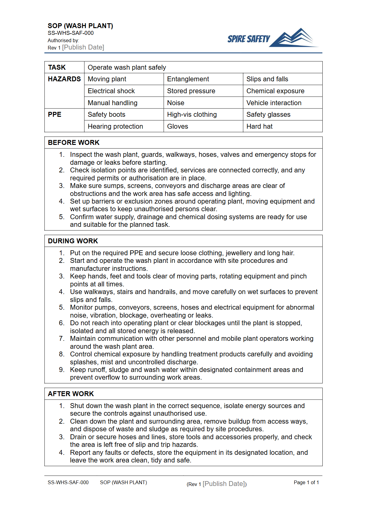 Free Safe Operating Procedure (Wash Plant) Template — document preview
