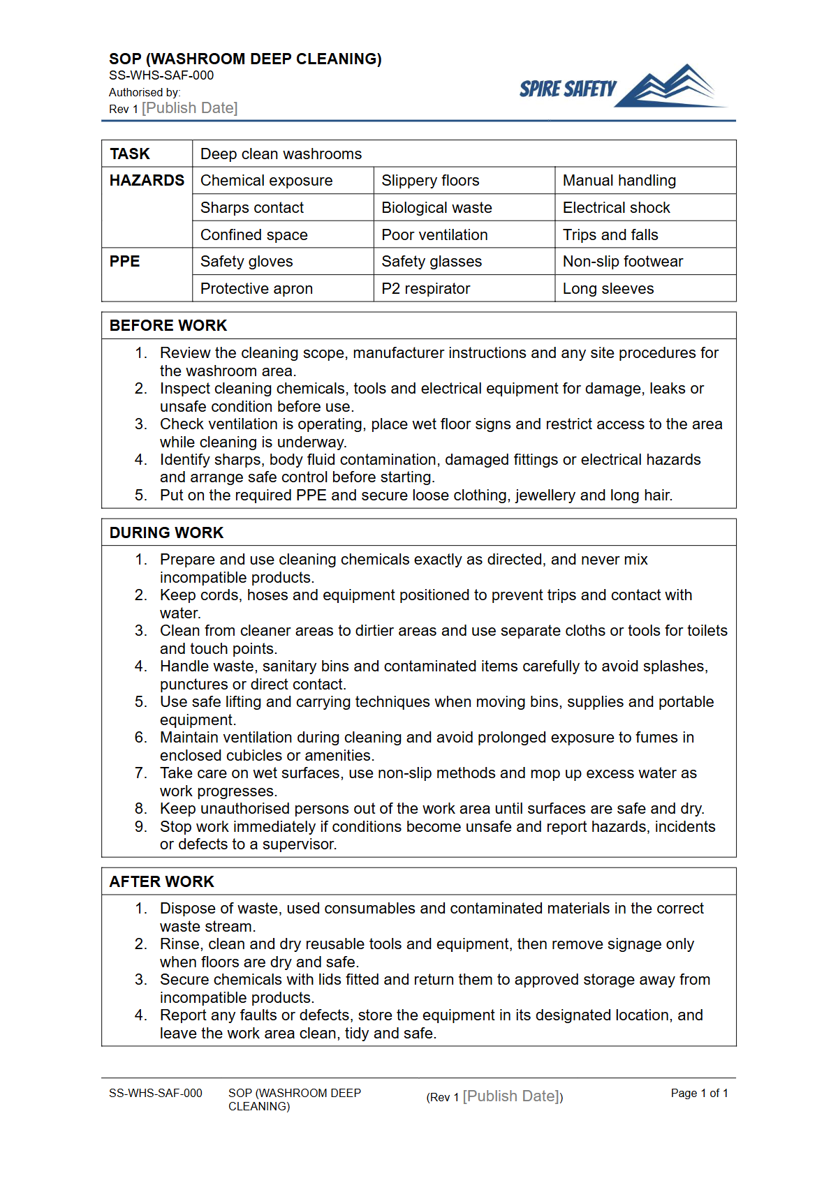 Free Safe Operating Procedure (Washroom Deep Cleaning) Template — document preview