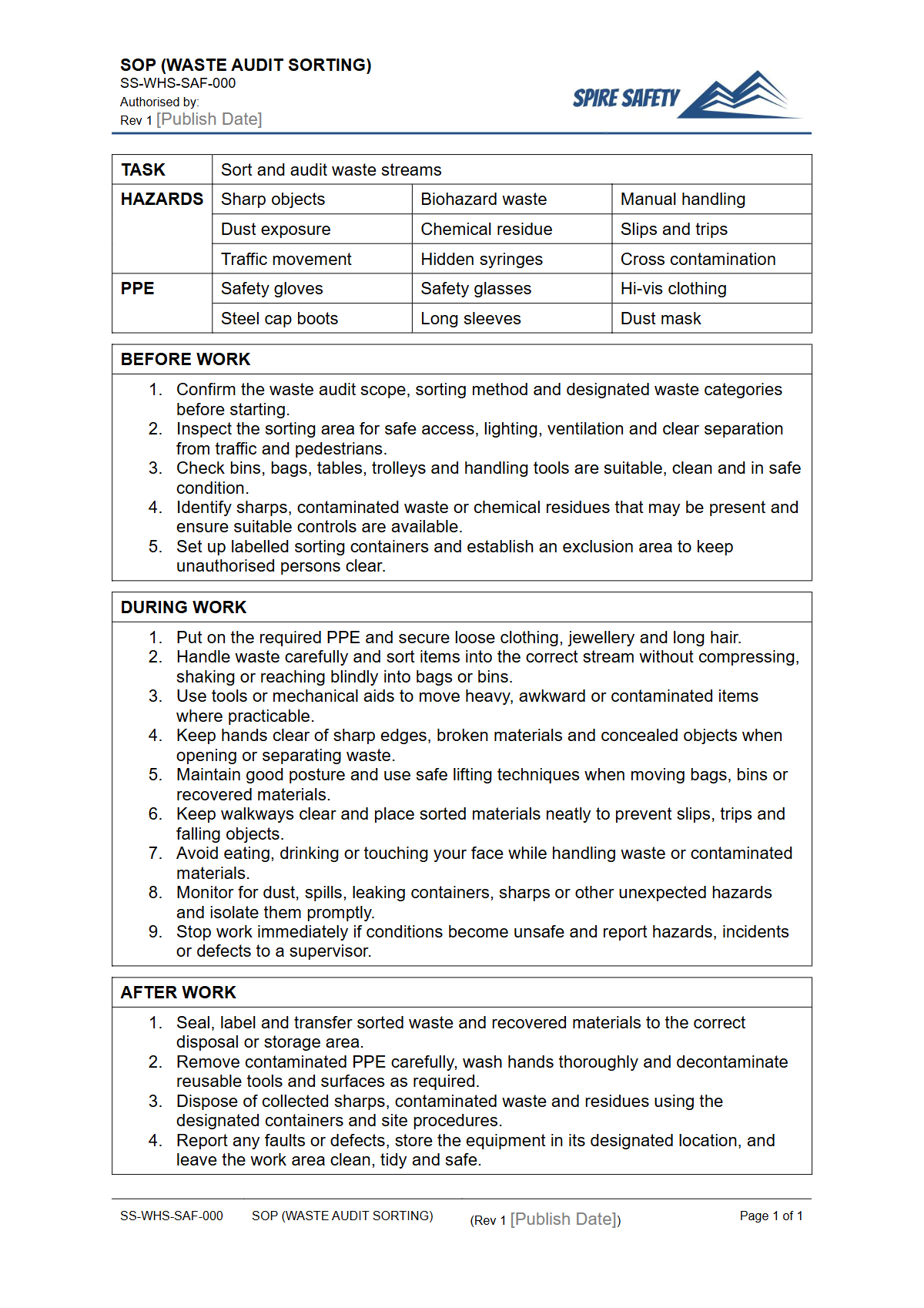 Free Safe Operating Procedure (Waste Audit Sorting) Template — document preview