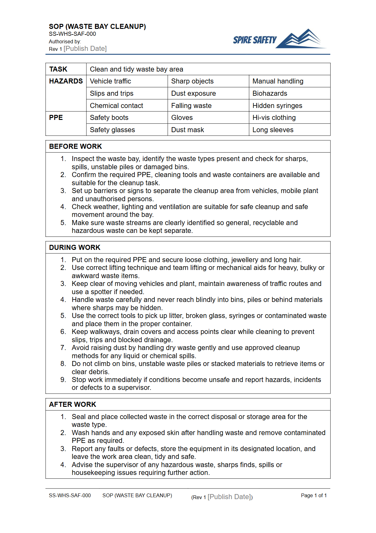 Free Safe Operating Procedure (Waste Bay Cleanup) Template — document preview