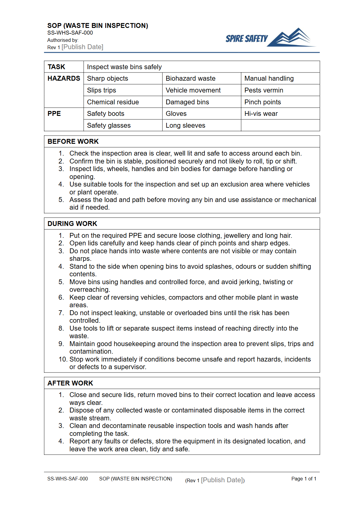 Free Safe Operating Procedure (Waste Bin Inspection) Template — document preview