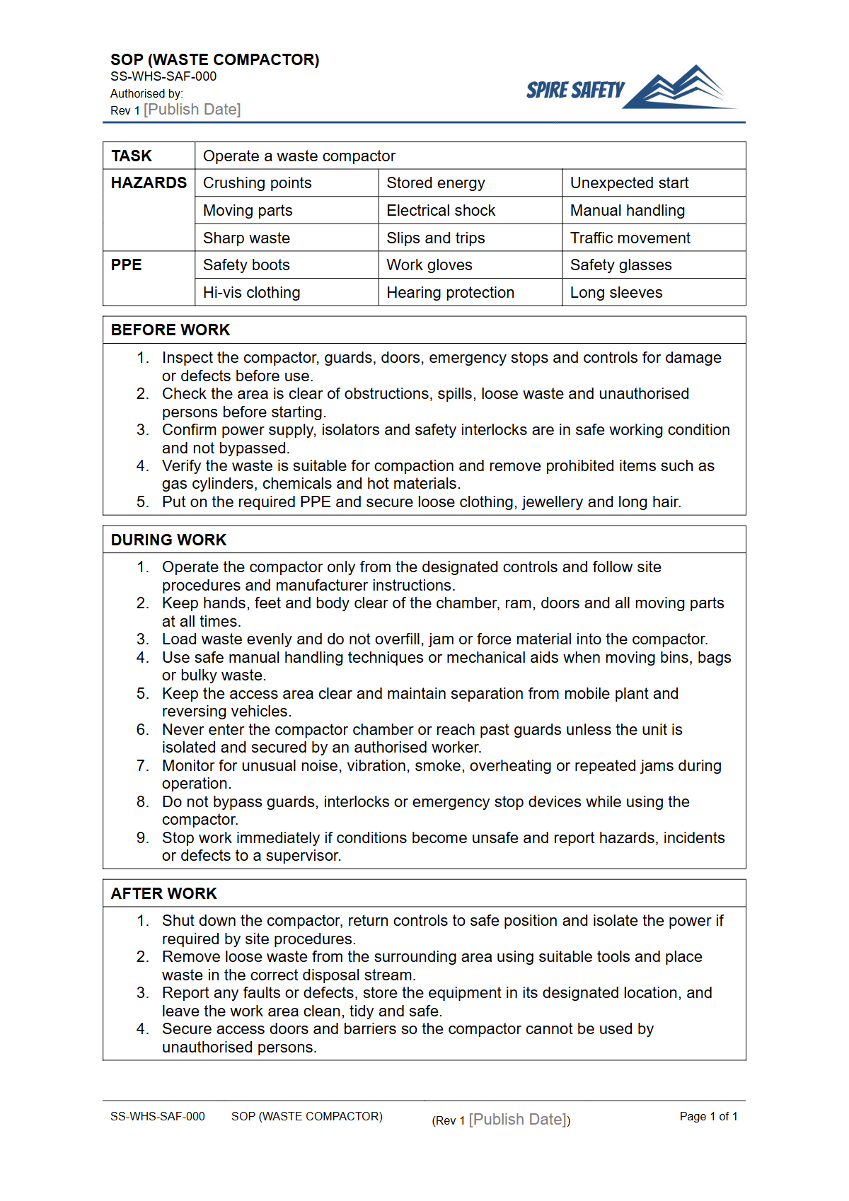 Free Safe Operating Procedure (Waste Compactor) Template — document preview