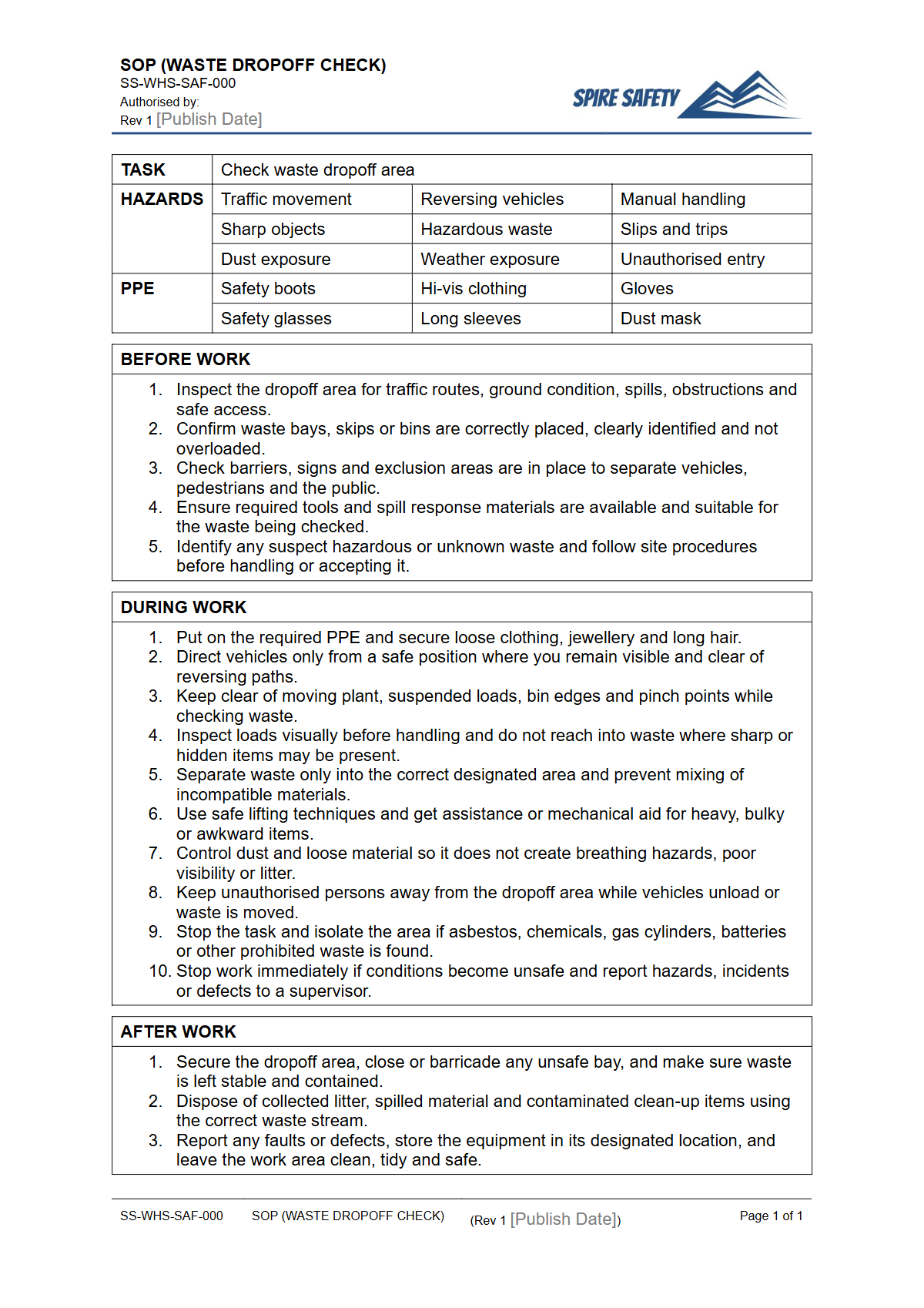 Free Safe Operating Procedure (Waste Dropoff Check) Template — document preview